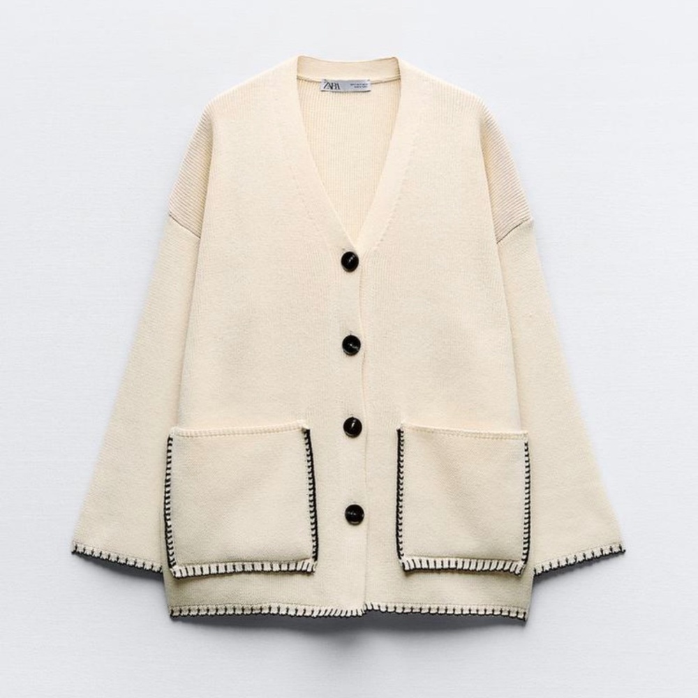 Zara Knit Cardigan With Contrast Topstitching Ecru Black Size XS NEW